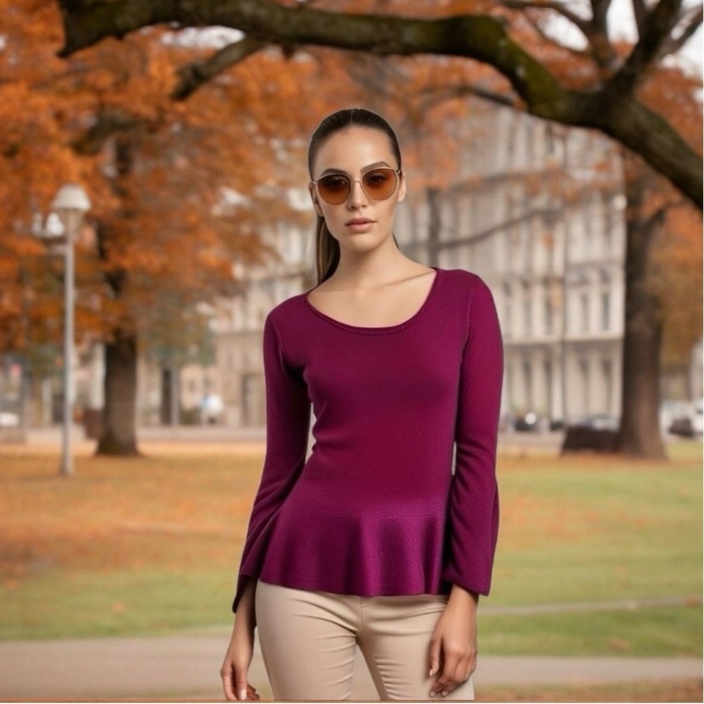 Nanette by Nanette Lepore Plum Merino Wool Bell Sleeve Sweater Top S Fits M VG